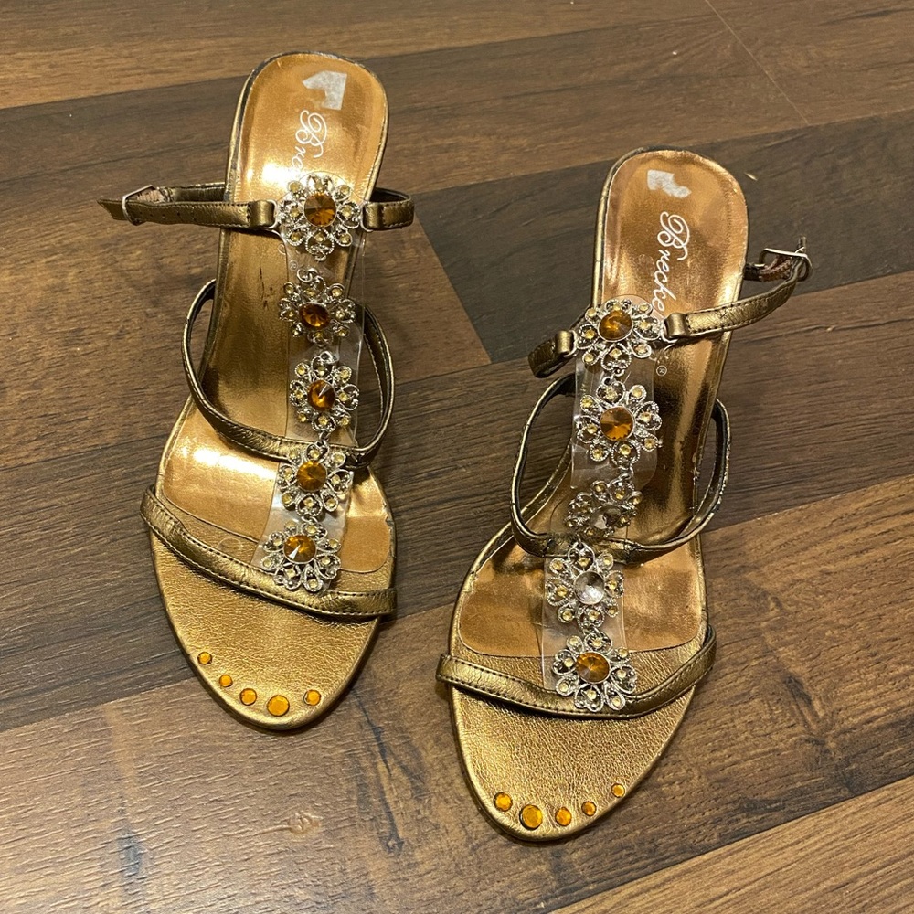 Bronze Flower Rhinestone Sandal Heels